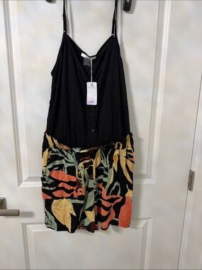 Black Tank Romper with Multicolor Tropical Print Bottom